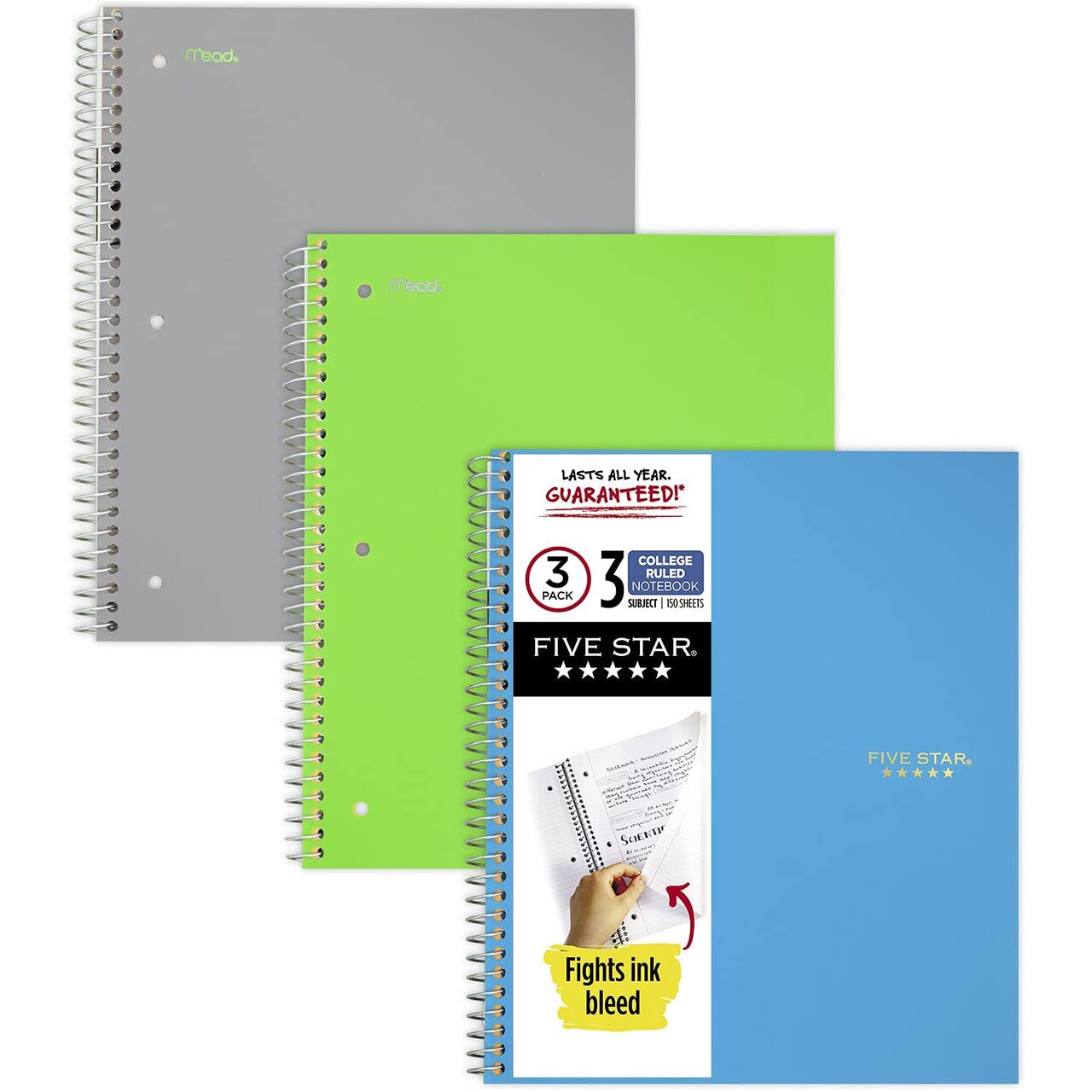 Five Star Spiral Notebooks, 3 Subject, College Ruled Paper, 150 Sheets, Gray/Lime/Teal, 3 Count